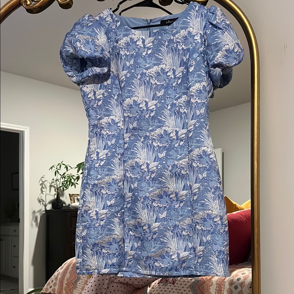 Blue and silver  Ruffled Sheath Mini Dress with Puff Sleeves